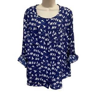 Elementz Birds on a Wire Button Front Blouse Convertible Sleeves Blue Sz XL